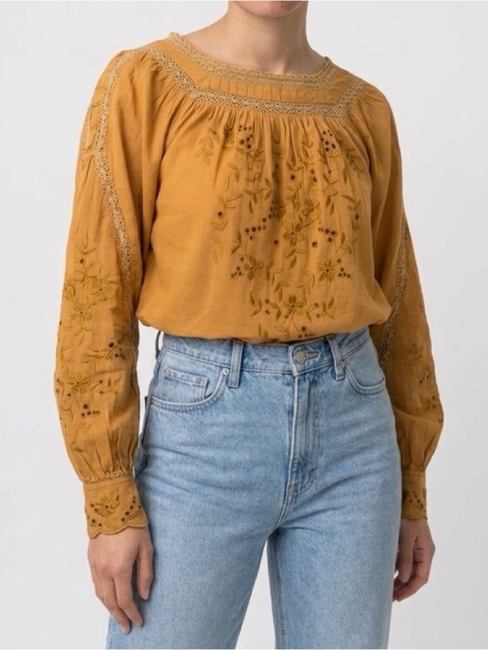Free People Mustard Embroidered Peasant Blouse